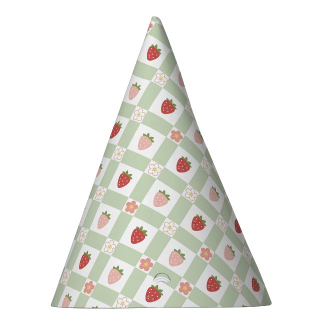 Strawberry Gingham Pastel Green Kids Party Hat (Right)