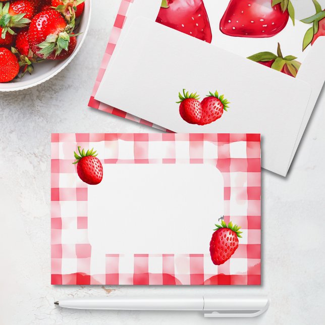 Strawberry Gingham Picnic Country Chic Pink Red Envelope (Gingham strawberry card letter invite diy envelope country chic farmhouse birthday baby bridal party)