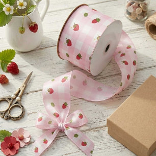 Strawberry Gingham Pink Berry Sweet Cute Pastel Satin Ribbon