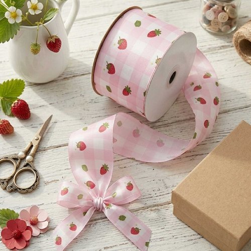 Strawberry Gingham Pink Berry Sweet Cute Pastel Satin Ribbon