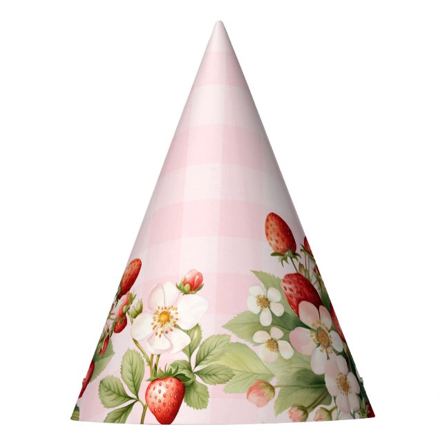 Strawberry gingham pink birthday party hat (Front)