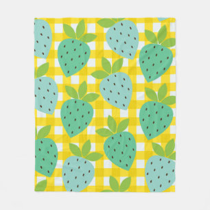 Strawberry Gingham Yellow Green Retro Summer Fleece Blanket