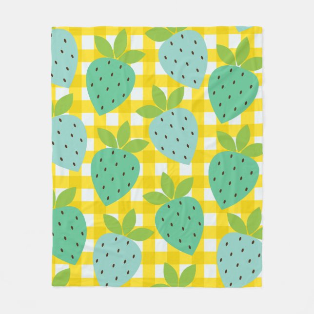 Strawberry Gingham Yellow Green Retro Summer Fleece Blanket (Front)
