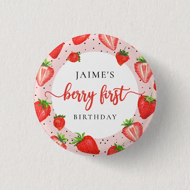 Strawberry Girl 1st Birthday Berry First Birthday Button (Front)