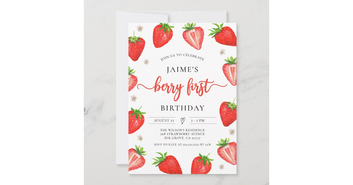 Strawberry Girl 1st Birthday | First Berry Sweet Invitation | Zazzle