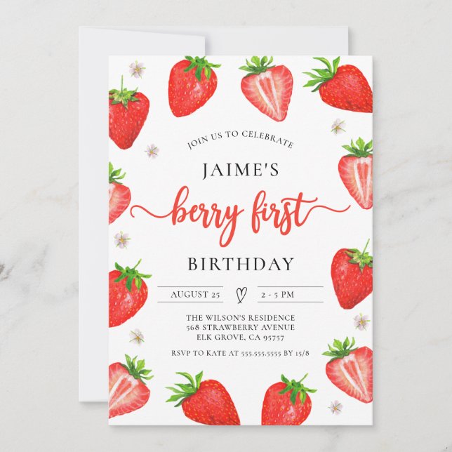 Strawberry Girl 1st Birthday | First Berry Sweet Invitation (Front)