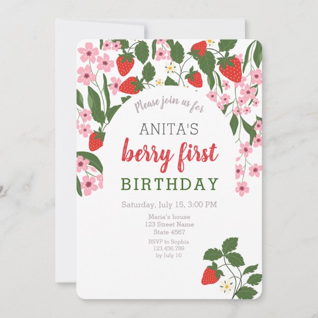 Strawberry Girl 1st Birthday  Invitation (Front)
