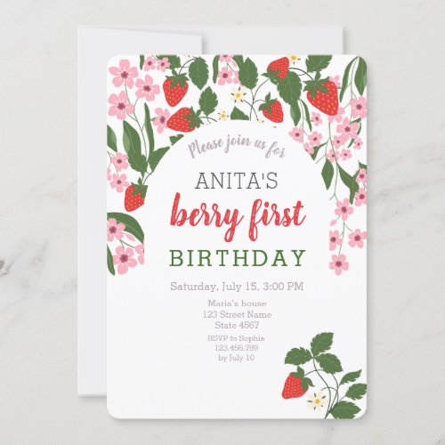 Strawberry Girl 1st Birthday  Invitation