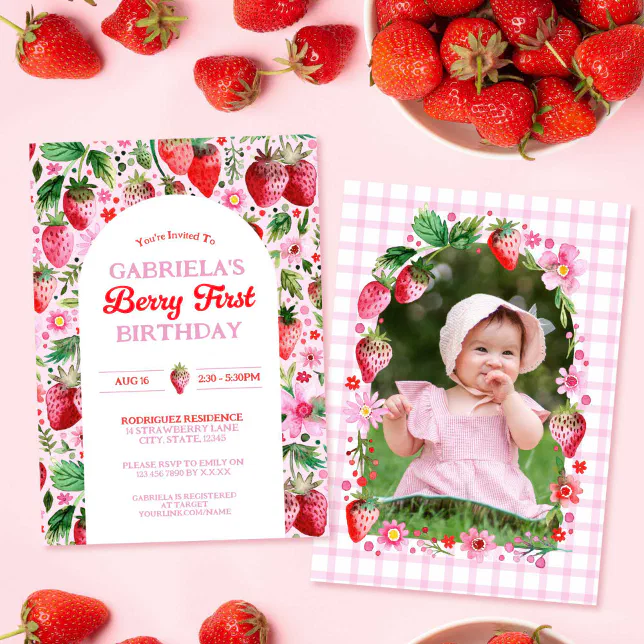 Strawberry Girl Berry 1st Birthday Pink Photo Invitation | Zazzle