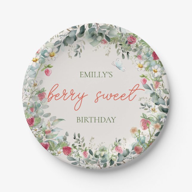 Strawberry Girl Berry First Birthday Paper Plates (Front)