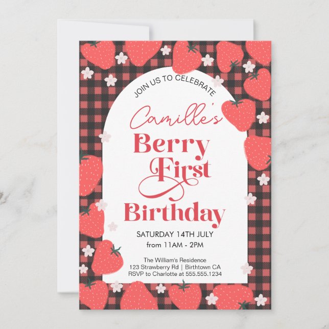 Strawberry Girl Berry First Birthday Party Invitation (Front)