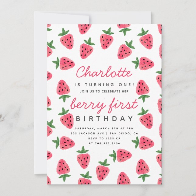 Strawberry Girl Berry First Birthday Party Modern Invitation (Front)