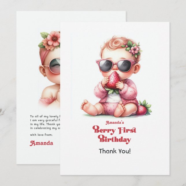 Strawberry Girl Berry First Birthday Thank You Card (Front/Back)