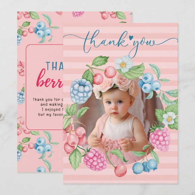 Strawberry Girl Birthday Berry Much Photo Thank Yo Thank You Card (Front/Back)