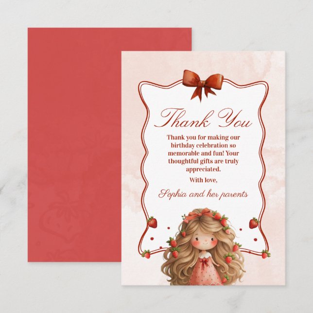 Strawberry Girl Birthday Thank You Card (Front/Back)