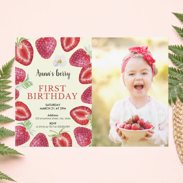 Strawberry Girl First 1st Birthday Berry Photo Invitation | Zazzle
