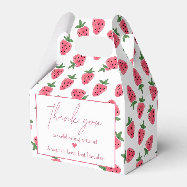 Strawberry Girl First Birthday Party Thank You Favor Boxes (Front Side)