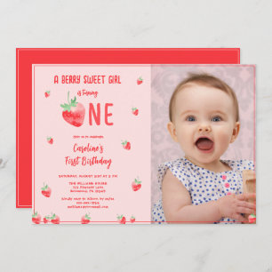 Strawberry Girl First Birthday Photo Invitation