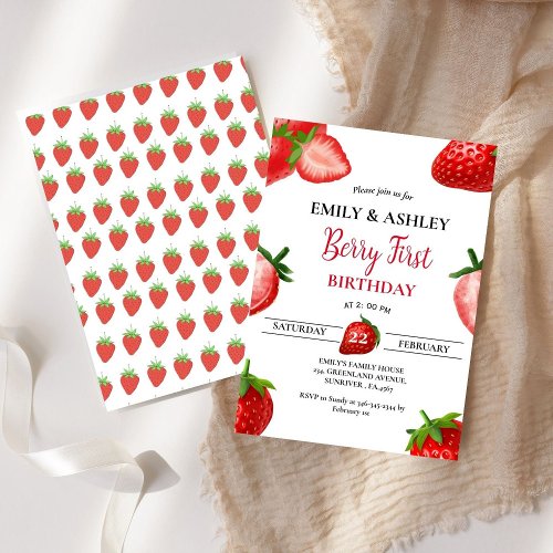 Strawberry  Girl Twin First Birthday Berry Sweet Invitation