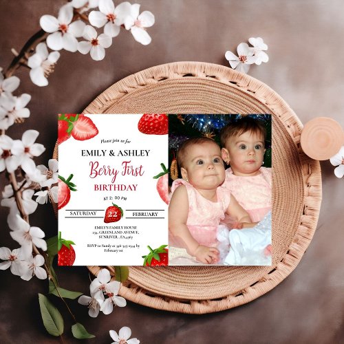 Strawberry  Girl Twin First Birthday Berry Sweet Invitation