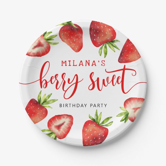 Strawberry Girl's Berry Sweet Birthday Party Paper Plates (Front)