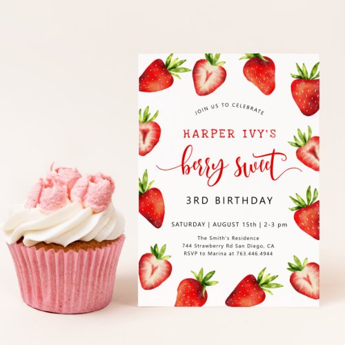 Strawberry Girls Birthday Party  Berry Sweet Invitation