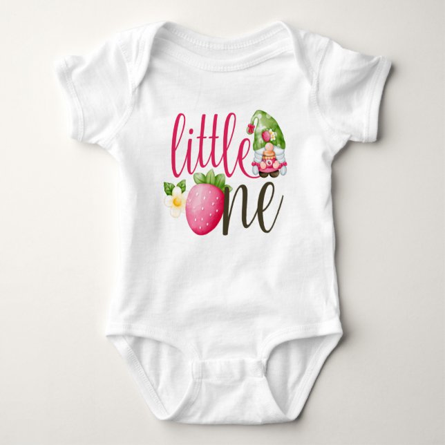 Strawberry Gnome Garden Baby Girl's 1st Birthday Baby Bodysuit (Front)