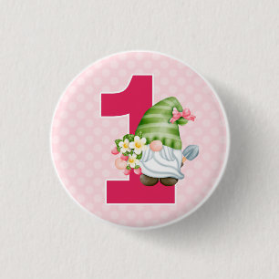 Strawberry Gnome Garden Baby Girl's 1st Birthday Button