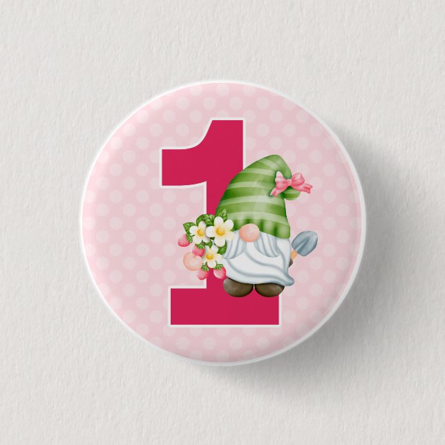 Strawberry Gnome Garden Baby Girl's 1st Birthday Button (Front)