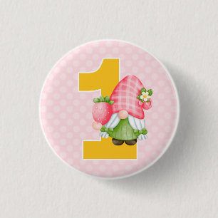 Strawberry Gnome Garden Baby Girl's 1st Birthday Button