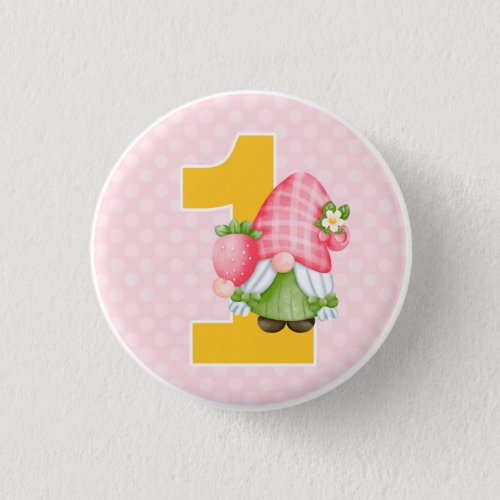 Strawberry Gnome Garden Baby Girls 1st Birthday Button