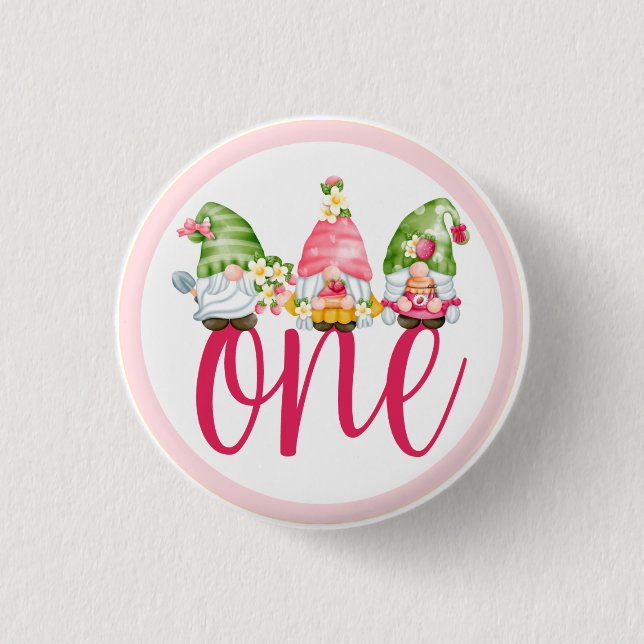 Strawberry Gnome Garden Baby Girl's 1st Birthday Button (Front)
