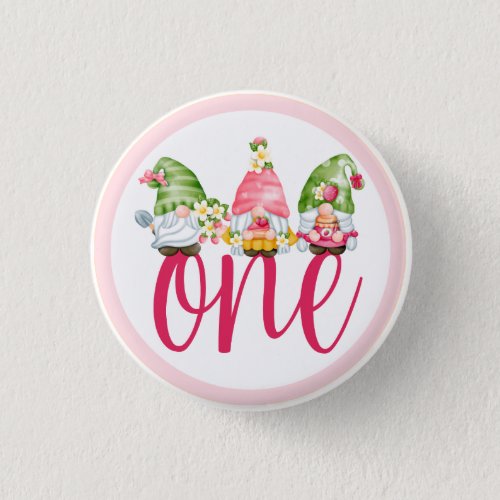 Strawberry Gnome Garden Baby Girls 1st Birthday Button