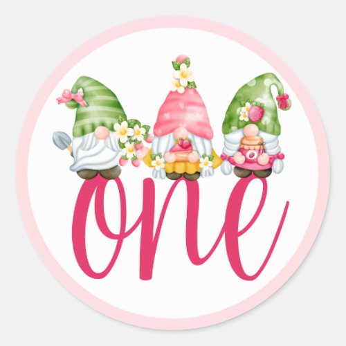 Strawberry Gnome Garden Baby Girls 1st Birthday C Classic Round Sticker