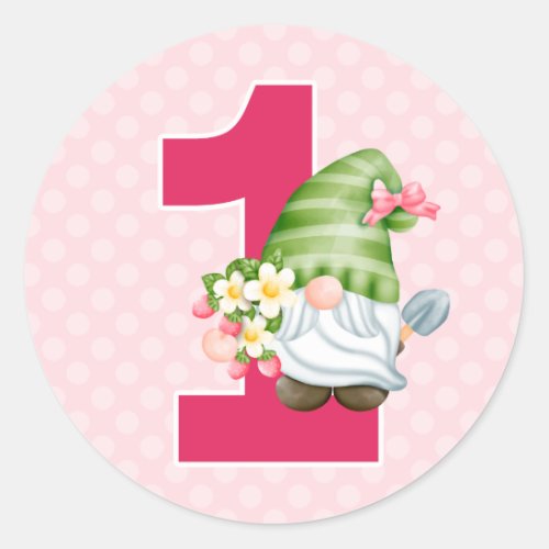 Strawberry Gnome Garden Baby Girls 1st Birthday C Classic Round Sticker