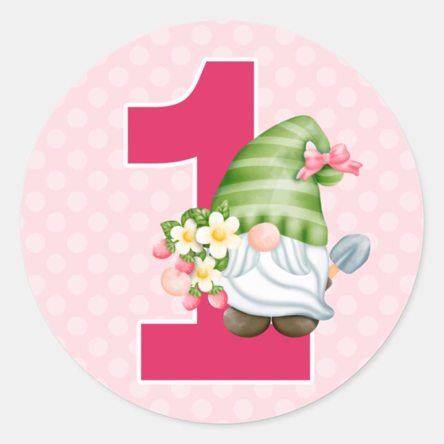 Strawberry Gnome Garden Baby Girl's 1st Birthday C Classic Round Sticker (Front)