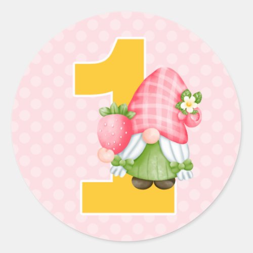 Strawberry Gnome Garden Baby Girls 1st Birthday Classic Round Sticker