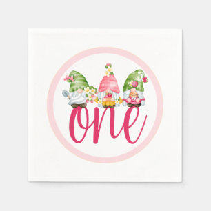 Strawberry Gnome Garden Baby Girl's 1st Birthday Napkins