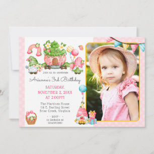 Strawberry Gnome Garden Girl's Birthday Photo Invitation
