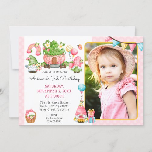 Strawberry Gnome Garden Girls Birthday Photo Invitation