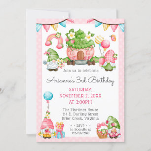 Strawberry Gnome Garden Little Girl's Birthday Invitation