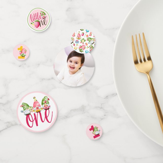 Strawberry Gnome Little One 1st Birthday Photo Confetti (Group)