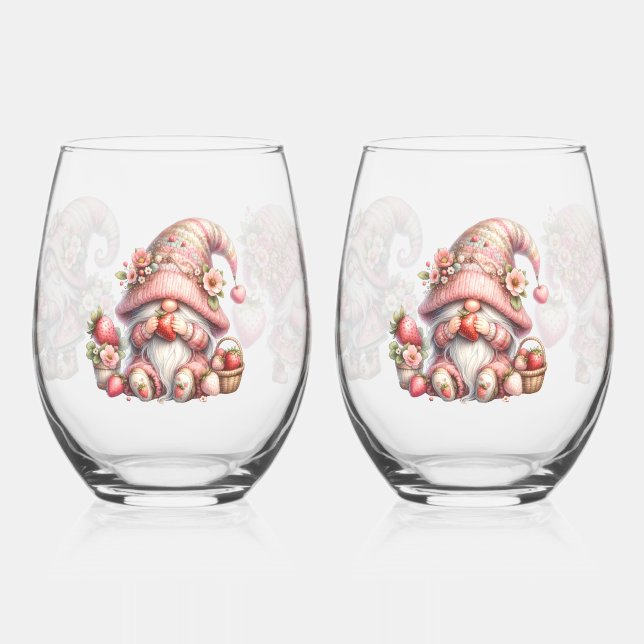 Strawberry Gnome Stemless Wineglass Set Stemless Wine Glass (Left)