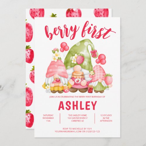 Strawberry Gnomes Berry First Kids Birthday Invitation