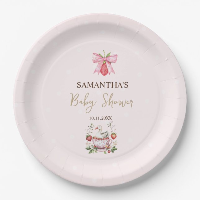 Strawberry,Goose,Bow Dots Baby Shower Paper Plates (Front)