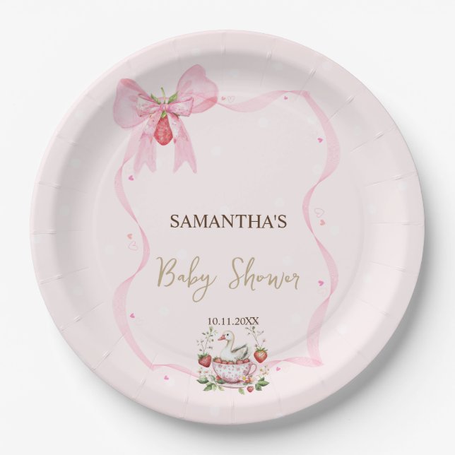Strawberry,Goose,Bow Frame Dots Baby Shower Paper Plates (Front)