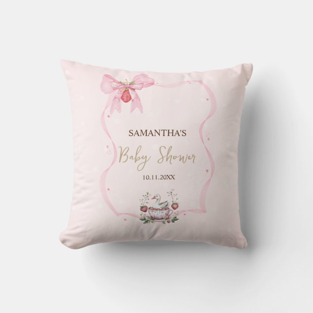 Strawberry,Goose,Bow Frame Dots Baby Shower Throw Pillow (Front)