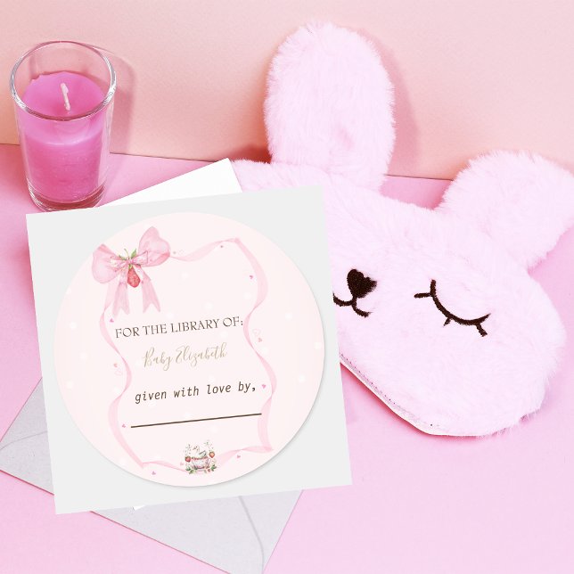 Strawberry,Goose,Bow Frame Polka Dots Baby Shower Classic Round Sticker (Creator Uploaded)