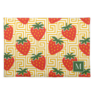 Strawberry Greek Key Monogram Cloth Placemat