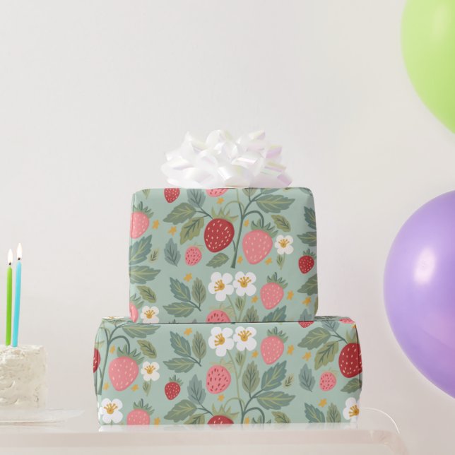 Strawberry Green Botanical  Wrapping Paper (Party Gifts)